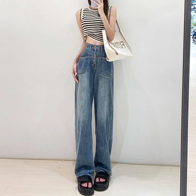 Foreign Trade American High Waist Jeans for Women 2023 Spring and Autumn New Hot Girls Loose plus Size Design Stitching Mop Pants
