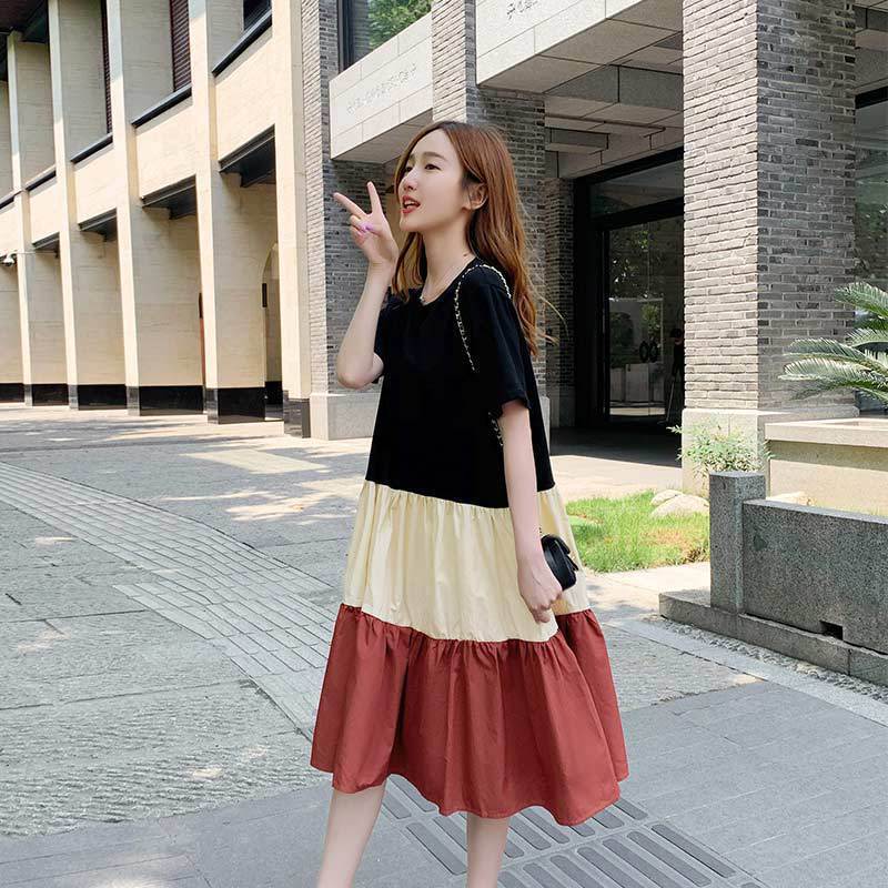 Dress Women's Summer Dress Internet Hot Suit Summer Contrast Color Short Sleeve Dress over the Knee Pregnant Mom Dress Summer Skirt Fashion