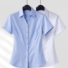 v领短袖蓝色衬衫女职业蓝色衬衣夏前台接待正装职场工装面试上衣