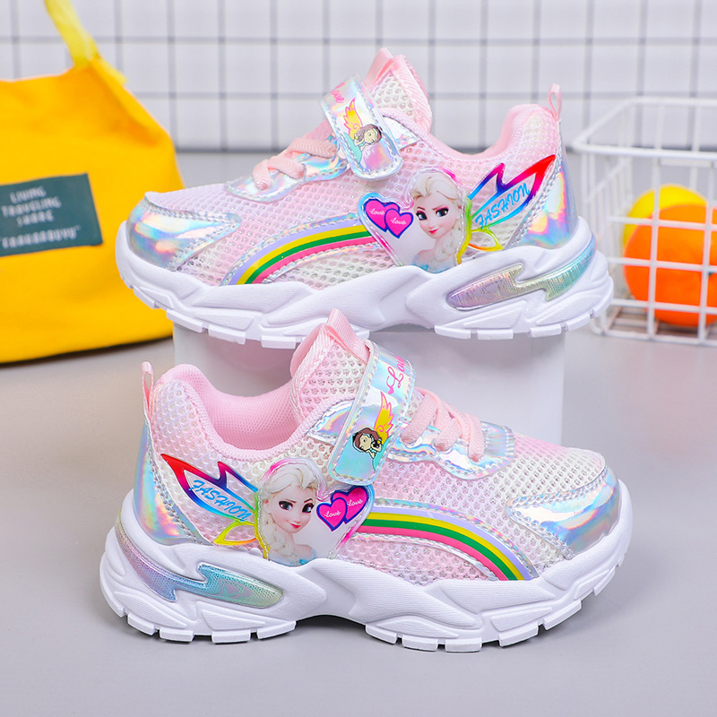 女童鞋子春秋新款透气网鞋皮面女宝宝学生鞋女童运动鞋女孩跑步鞋