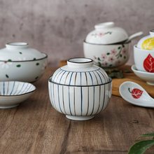 西田木雨日式家用陶瓷手绘球型盖盅小炖盅汤罐带盖小碗蒸蛋燕窝盅