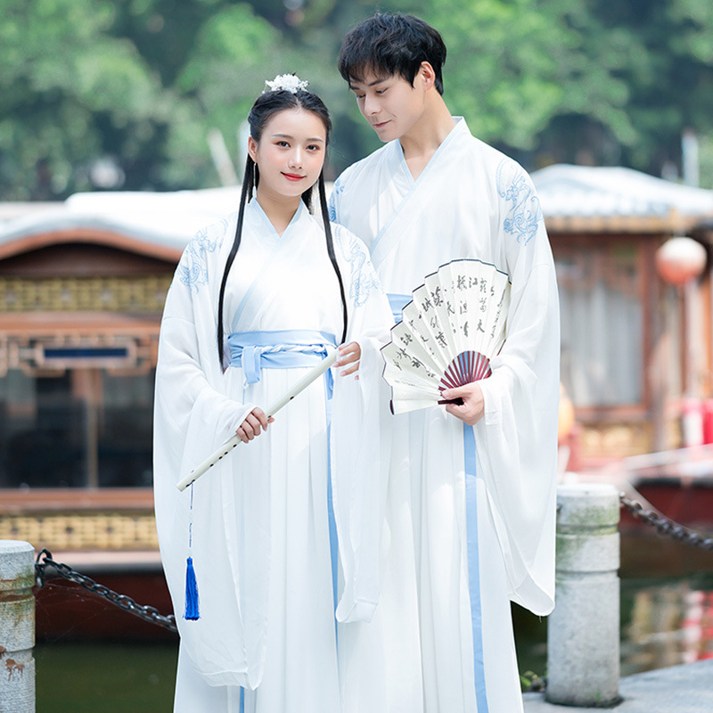 中国风白色龙纹大氅仙气大袖衫传统汉服男女情侣仙侠古装仙子外披