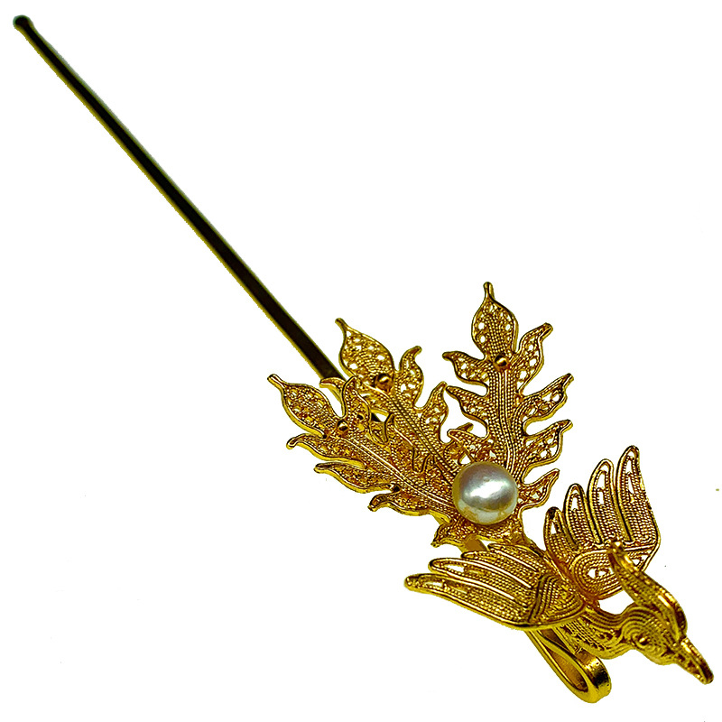 大银家挑牌明制花丝镶嵌足银镀金三尾偏凤钗汉服日常发簪新娘头饰