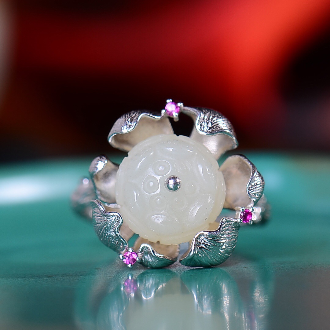 s925银嵌保真和田玉平安扣戒指925纯银玉戒指平安扣简约百搭女戒