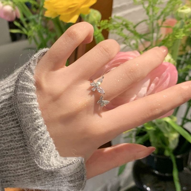 Open Butterfly Ring Ornament Popular Affordable Luxury Style Double Zircon Butterfly Ring Sterling Silver Ring Female Niche High Sense