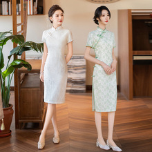新中式绿色蕾丝旗袍2024年新款气质年轻款少女改良连衣裙低开叉夏