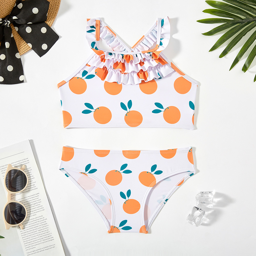 2023 New European and American Foreign Trade Orange Printed Children's Swimsuit Cross-Border Bikini Ruffled Girls' Swimsuit