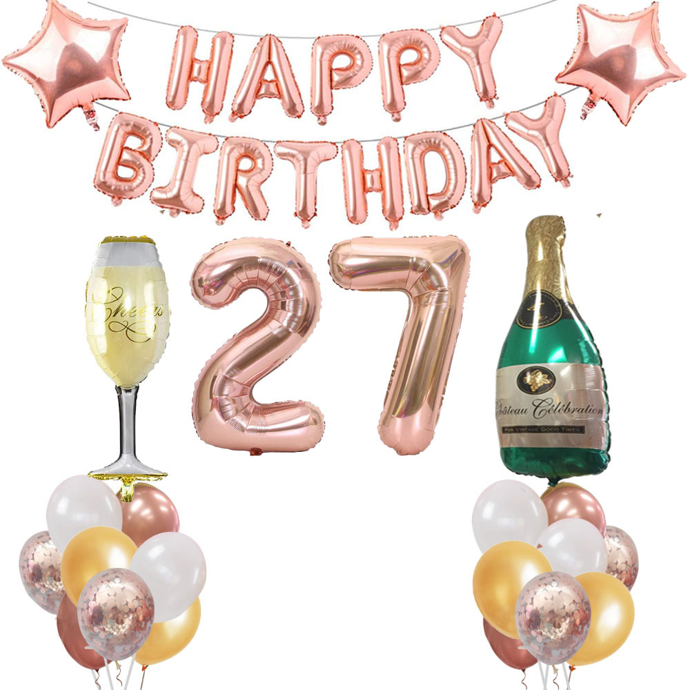 香槟酒瓶酒杯30岁生日气球套装 玫瑰金横幅闺蜜庆生