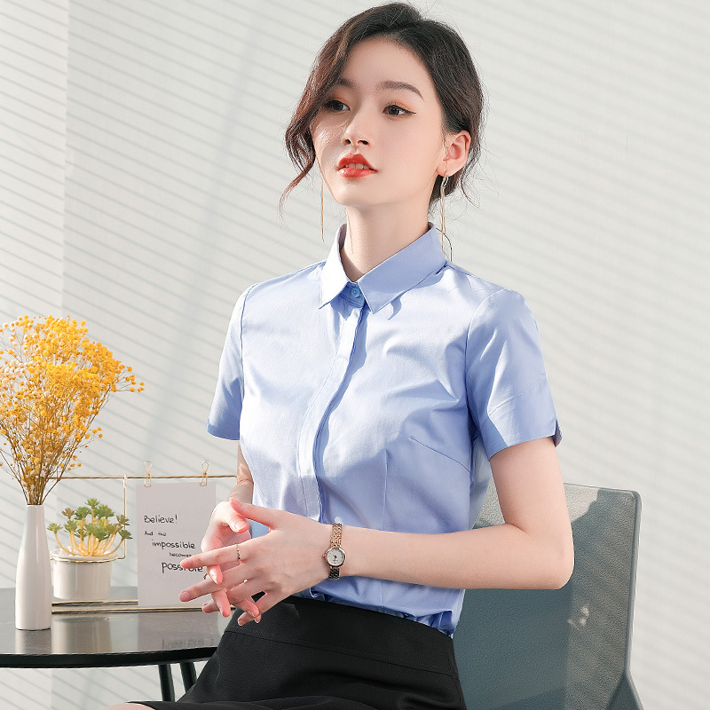 职业短袖衬衫女夏季薄款工装衬衣修身白领行政人工作服大码防走光
