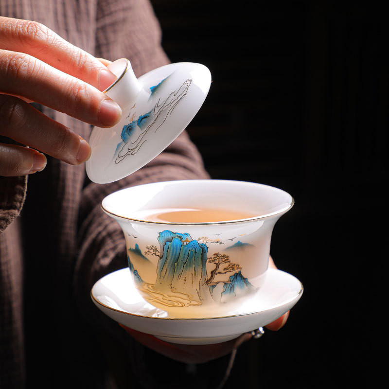 冰种羊脂玉瓷三才盖碗单个高档礼盒白瓷泡茶碗带盖功夫茶具批发