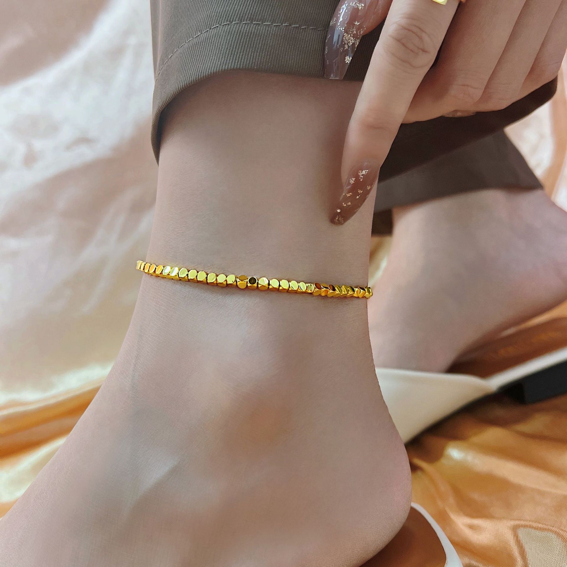 broken silver couple anklet female disco jumping beads 18k gold small square anklet titanium steel no fading ins affordable luxury style high sense