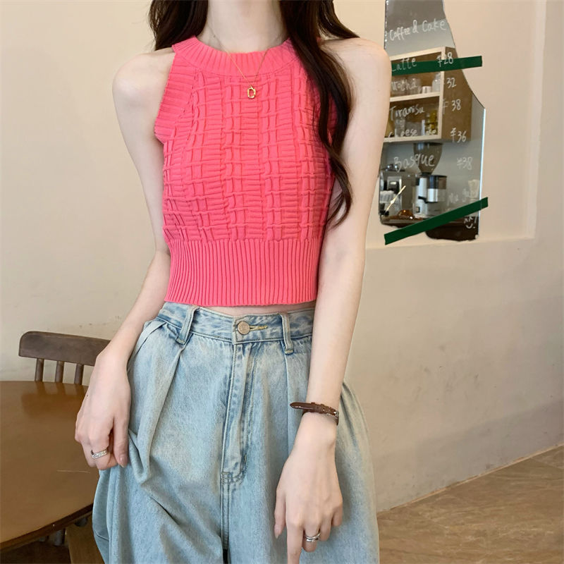 设计感冰丝挂脖小背心女装夏季短款收腰显瘦内搭外穿美式吊带上衣