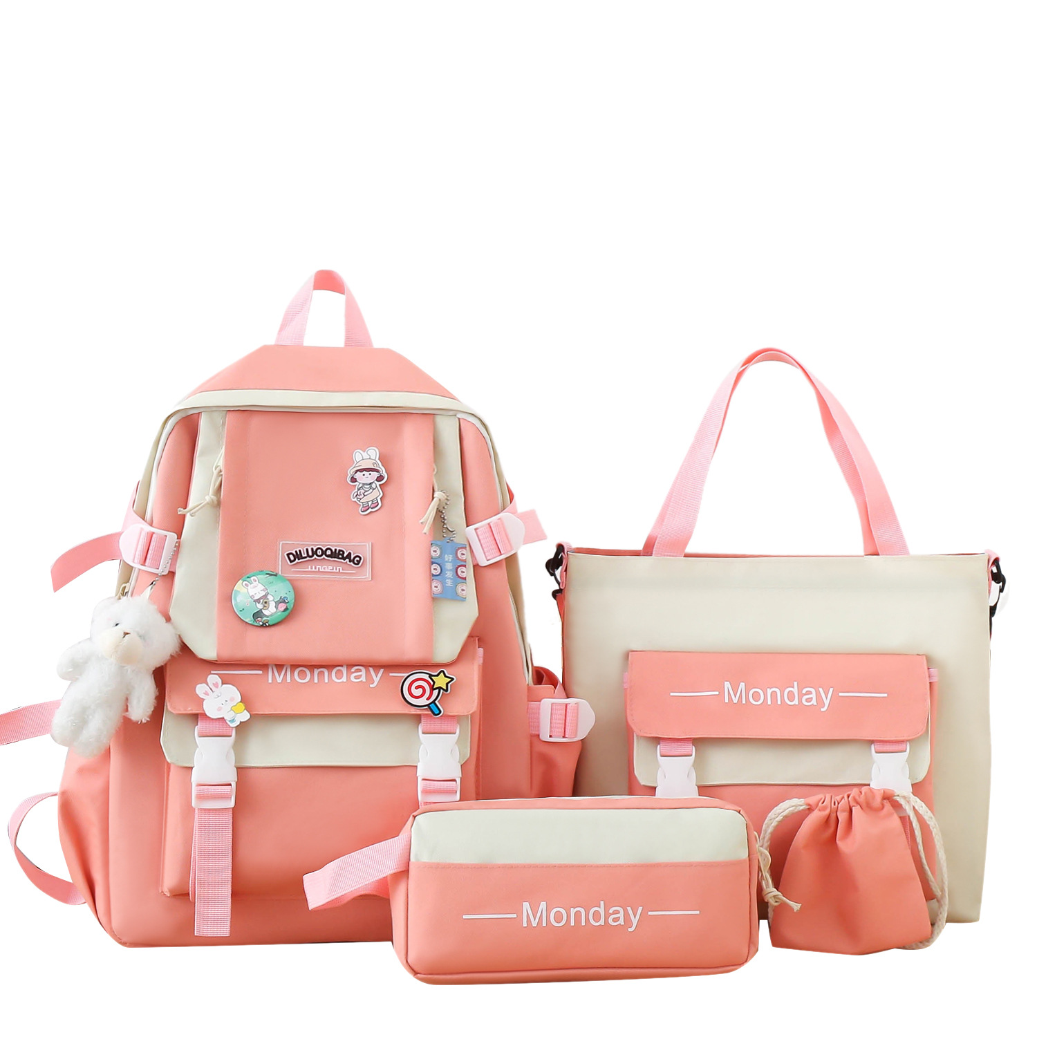 Four-Piece Schoolbag Female Mori All-Match Primary School Student Backpack Handbag Fashion Colorblock Large Capacity Junior High School Backpack