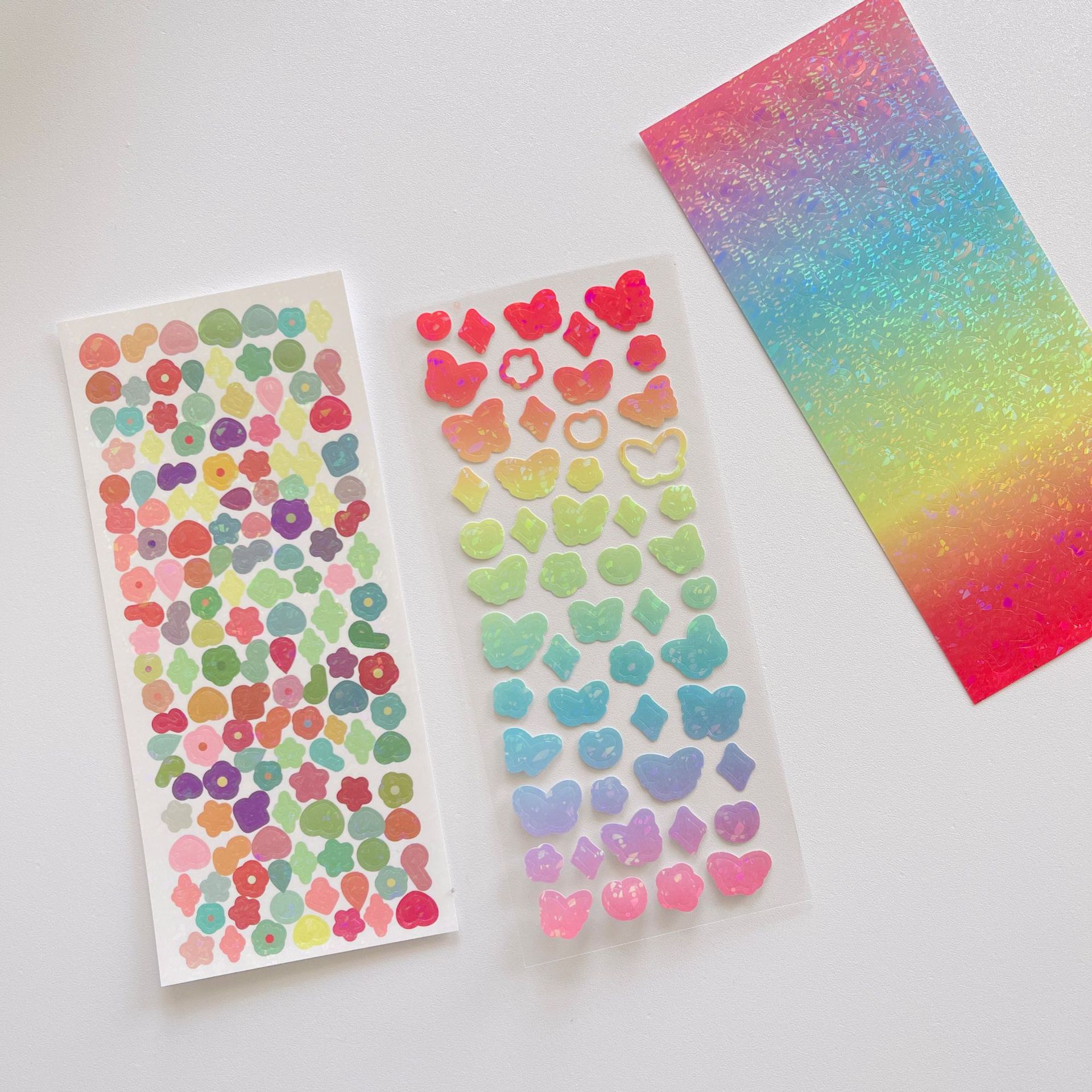 渐变色镭射蝴蝶贴纸闪闪花朵贴纸咕卡装饰素材pet底无痕贴纸