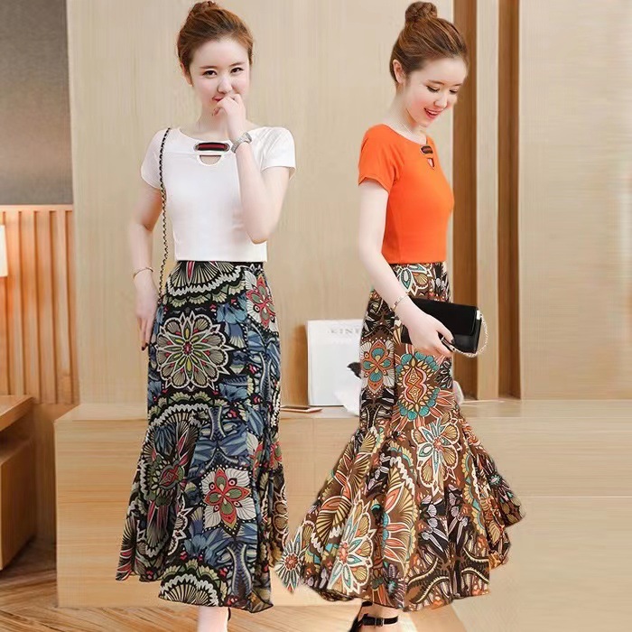 t恤 鱼尾裙两件套夏新款女修身显瘦雪纺连衣裙碎花长裙套装包臀裙