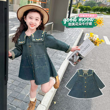 儿童2024春季新款长袖裙子时髦洋气韩版女宝宝翻领花朵牛仔裙外贸