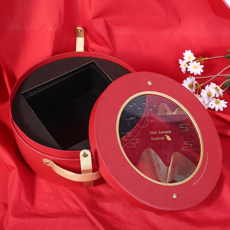 手提中秋月饼礼盒红色烫金圆形礼品盒节日用品礼物包装盒可定制