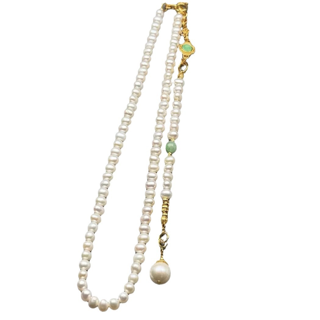 Natural Freshwater Pearl Necklace for Women S925 Silver Gold-Plated Cloisonne Baroque Pendant Jade Duobao Sweater Chain