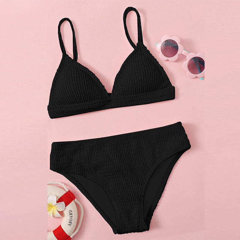 女孩纹理三角比基尼泳装欧美ins学生儿童泳衣温泉游泳衣两件套装