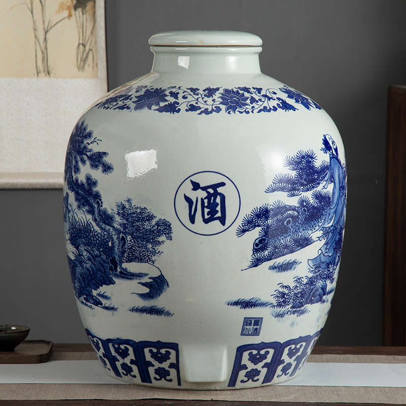 景德镇陶瓷青花10/20/30/50斤酒瓶窖藏泡酒缸子家用密封空坛子酒