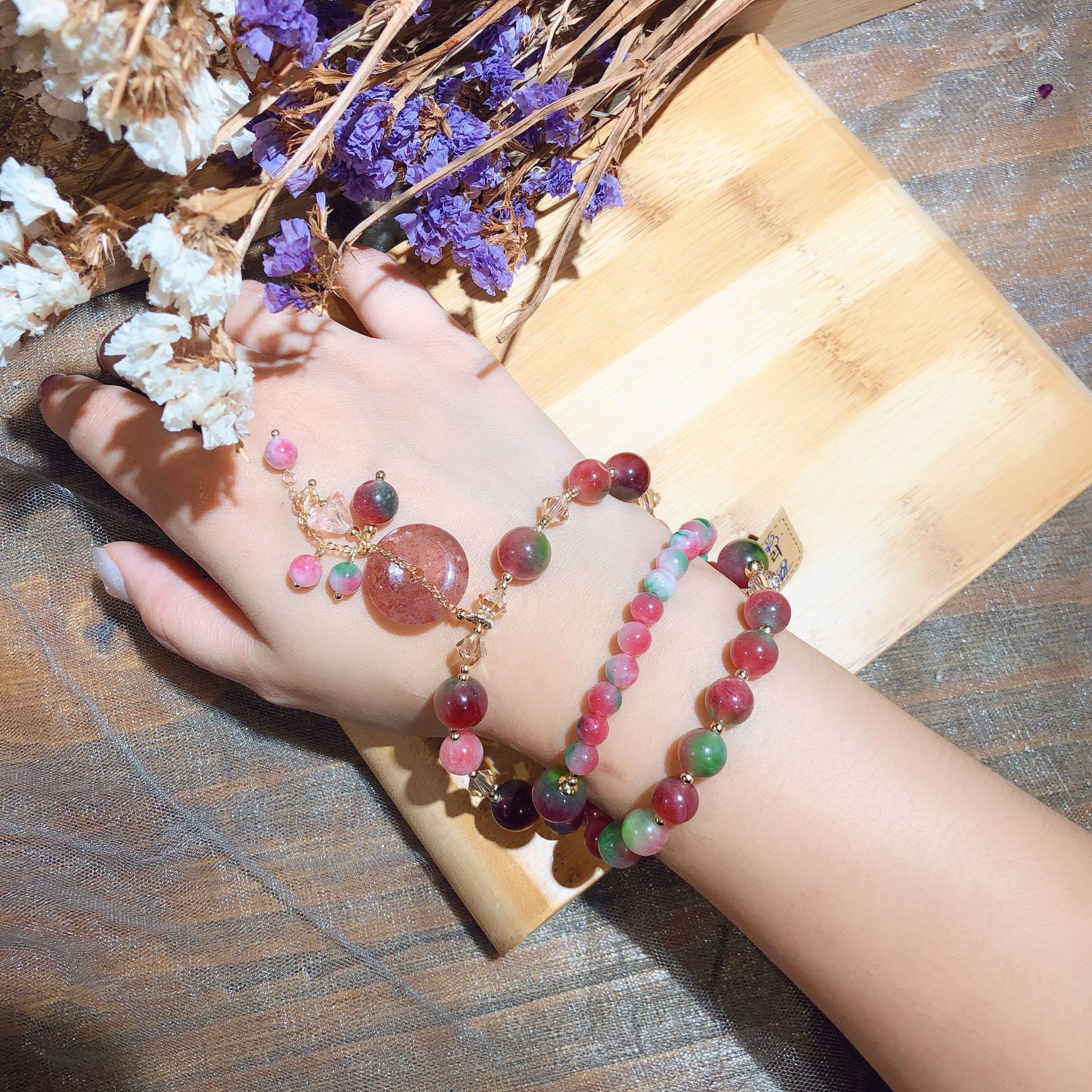 清新甜美草莓晶平安扣吊坠手串苹果石石英石手链女奥地利水晶饰品