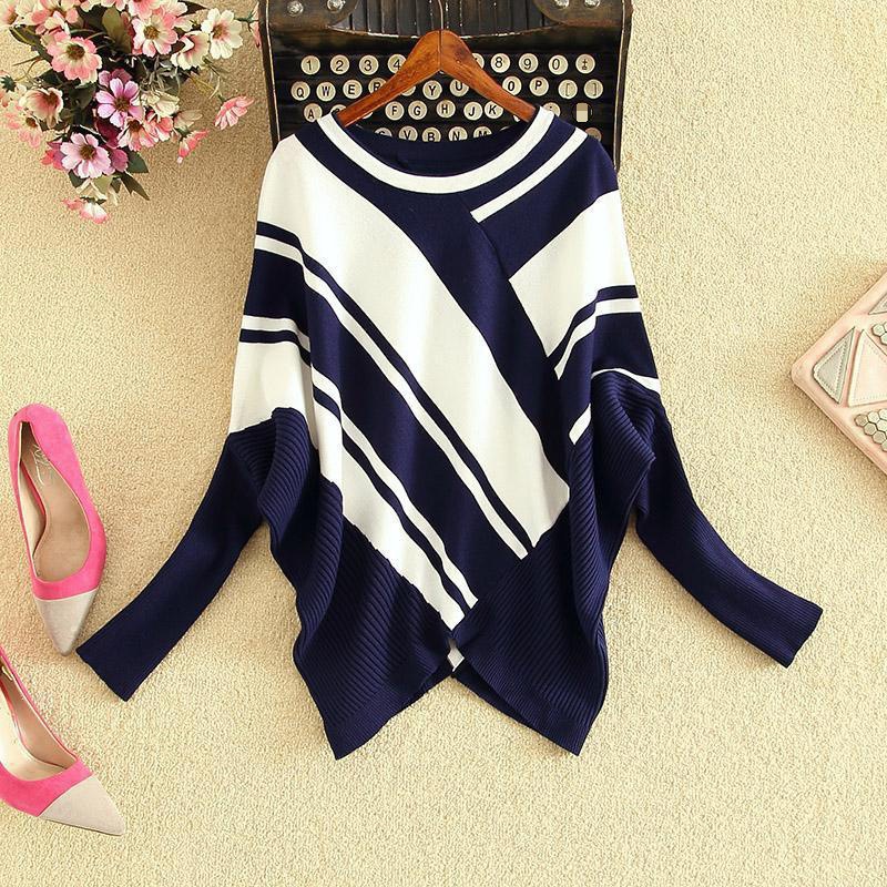 秋冬新款韩版条纹不规则蝙蝠衫宽松大码圆领针织衫气质毛衣女上衣