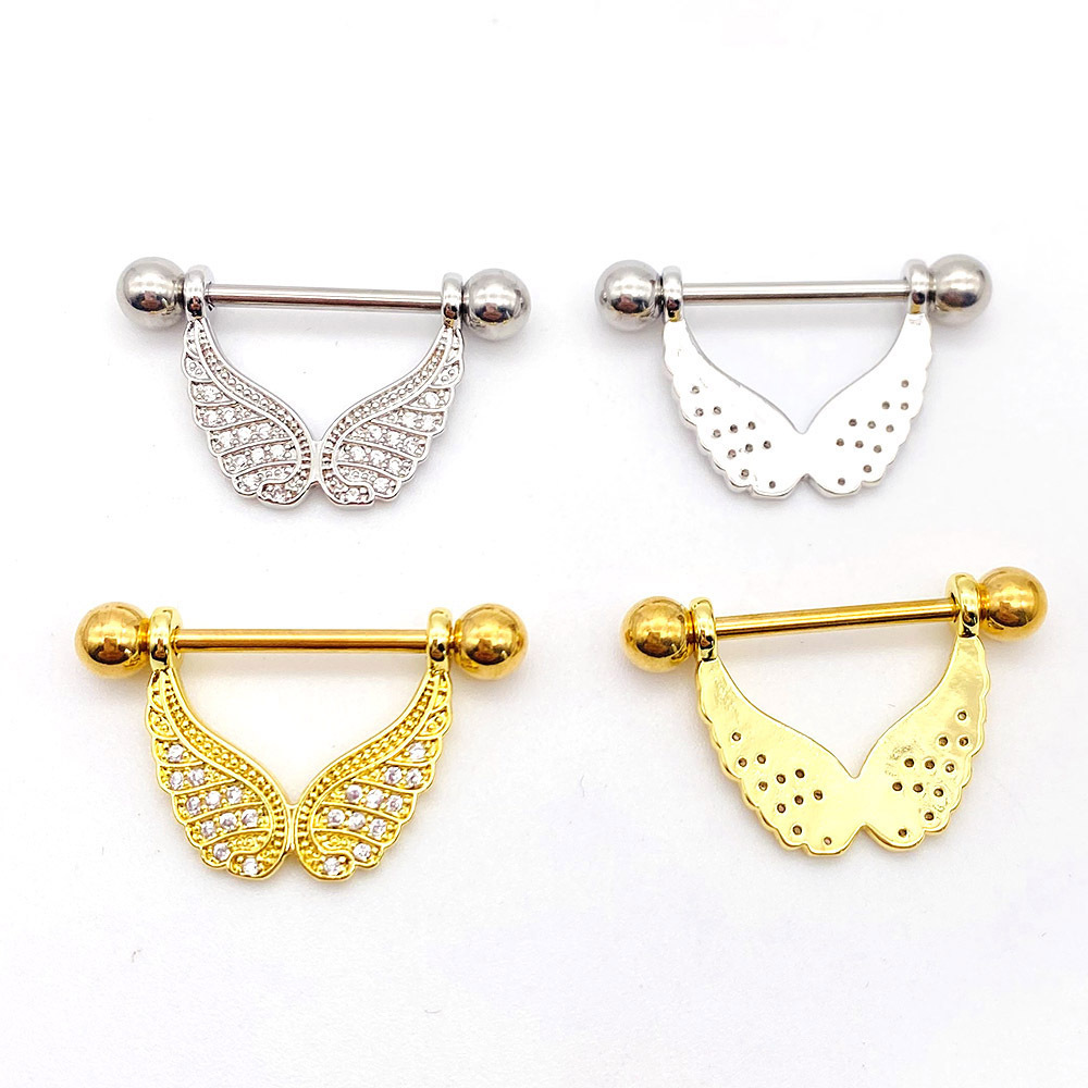 New Stainless Steel Nipple Ring Wings Micro Inlaid Zircon Nipple Nails Best Seller in Europe and America Body Piercing Jewelry