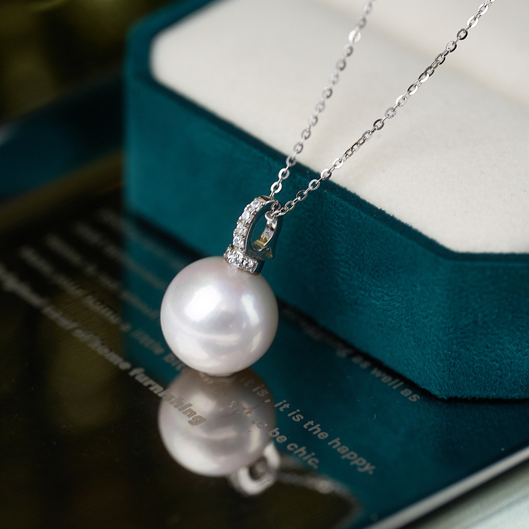 天然淡水珍珠吊坠s925银万能奶嘴扣14-15mm白色强光有核珍珠银链