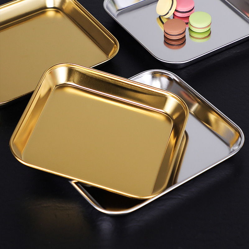 304 Korean Style Barbecue Plate Snack Tray Rectangular Golden Plate Dish Creative Flat Bottom Plate Dessert Plate Snack Dish