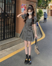 大码气质文艺短袖西装连衣裙女2024年夏季韩版修身显瘦抽褶短裙潮