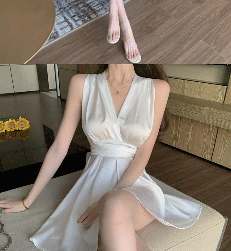 2022法式蝴蝶结绑带露背挂脖礼服裙小众收腰显瘦连衣裙夏季6398