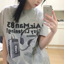 Women Earphone Print Y2k Aesthetic T Shirt Oversized 90s Vin