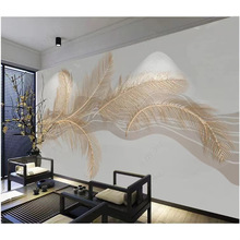 8d北欧时尚轻奢羽毛背景墙装饰壁画抽象浮雕金色线条沙发背景墙布