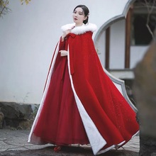 红色斗篷汉服女中国风长款毛领加绒加厚披风古装古风披肩冬季加绒