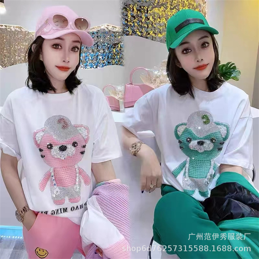 2023 New Summer Rhinestone T-shirt Short Sleeve Women's Loose Large Size European Goods Exquisite Rhinestone Cartoon Trendy Ins Women's Top