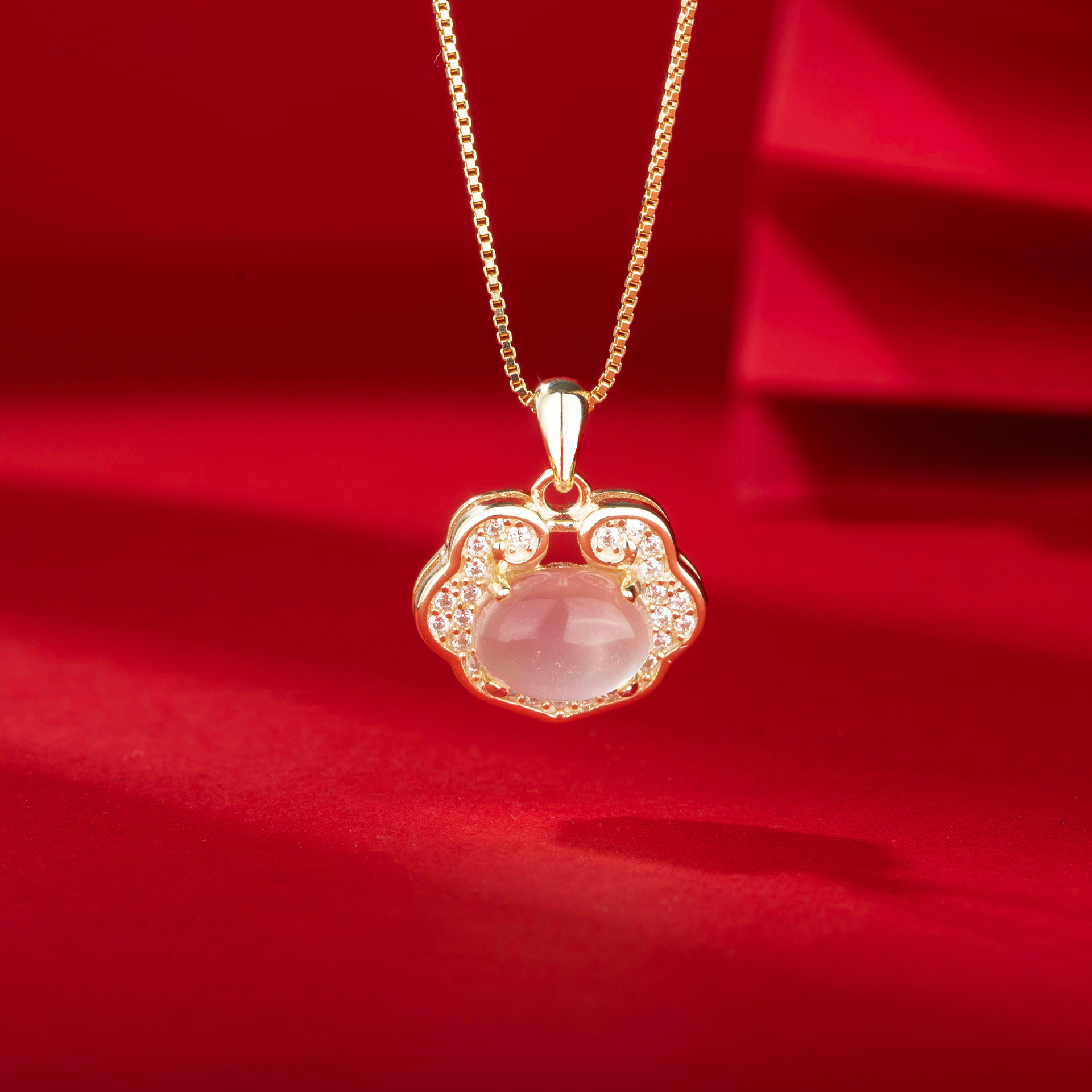 韩一实拍925纯银鎏金镶玉和田玉如意锁项链女锁骨链国风设计新款