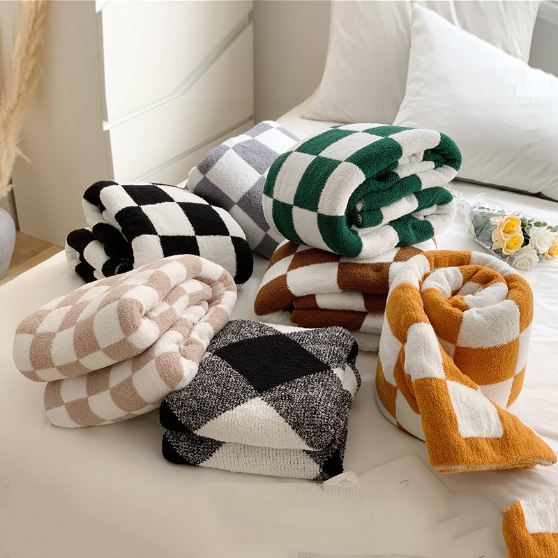 Cross-Border Half Velvet Chessboard Grid Knitted Blanket Cover Blanket Nap Blanket Household Sofa Cover Tailstock Blanket Wholesale