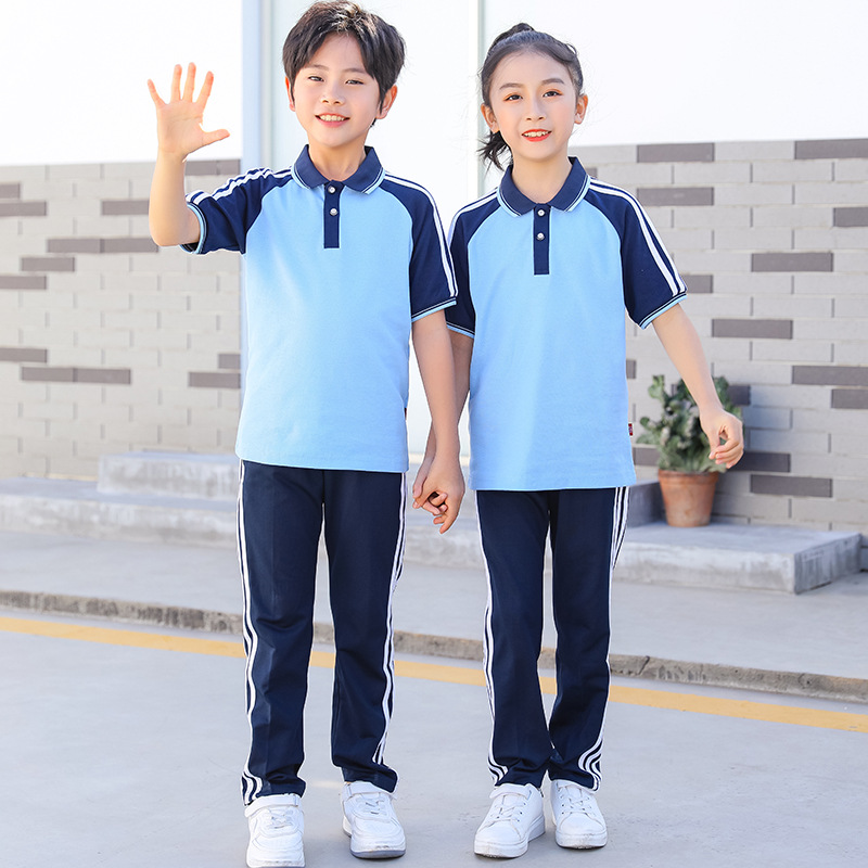 夏季小学生校服套装儿童polo衫浅蓝白短袖t恤上衣厂家直销印logo