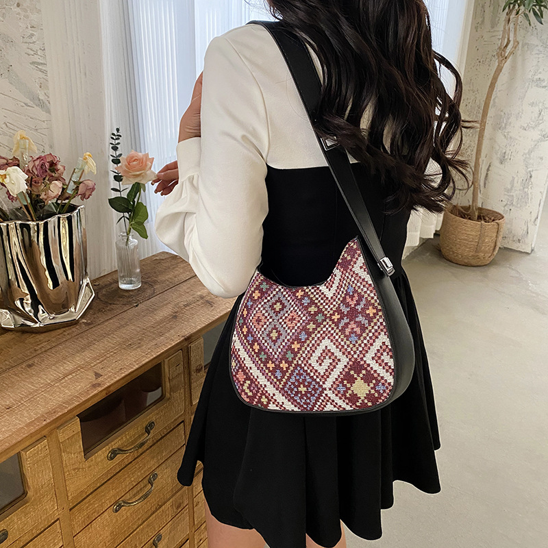 Ethnic Style Retro Women's Shoulder Bag Canvas Handbag Woven Flower Exotic Style Lightweight Trendy Large Capacity Totes