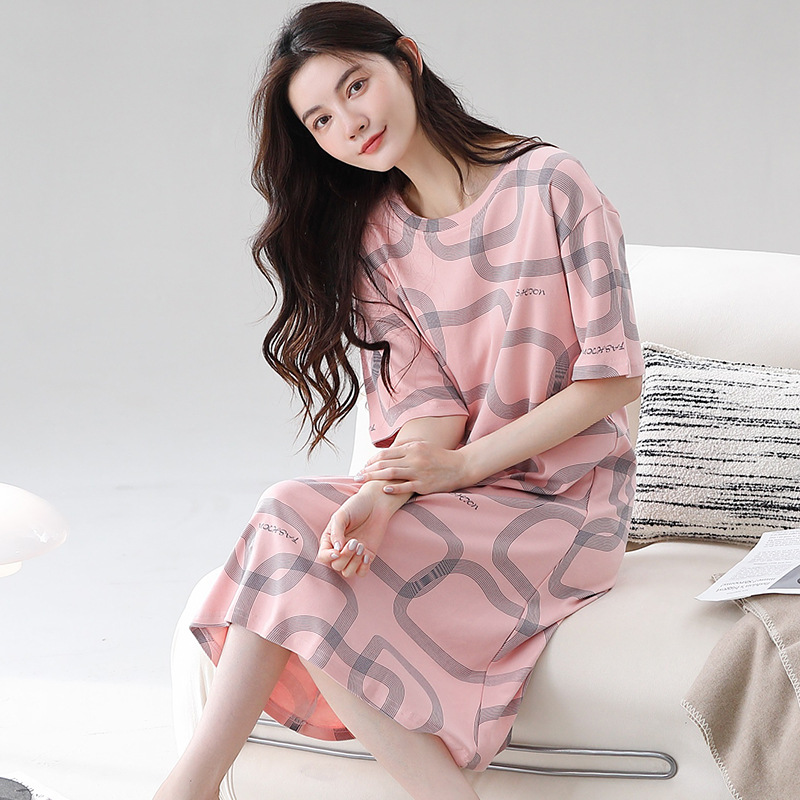 24新款新佳淳夏季纯棉女睡裙全棉外穿学生连衣裙薄款圆领加大宽松