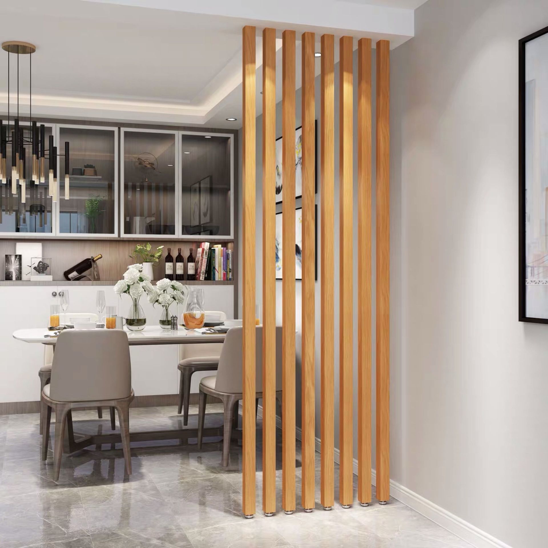 北欧实木条隔断立柱入户玄关装饰格栅屏风中式餐厅客厅背景免打孔