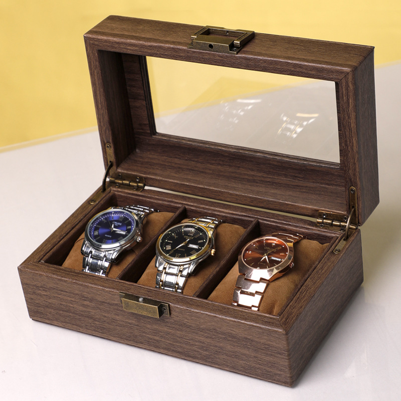 Factory in Stock Wholesale Simple Men's High-Grade Wood Grain Three-Position Window Flip Watch Box PU Leather Storage Display Box