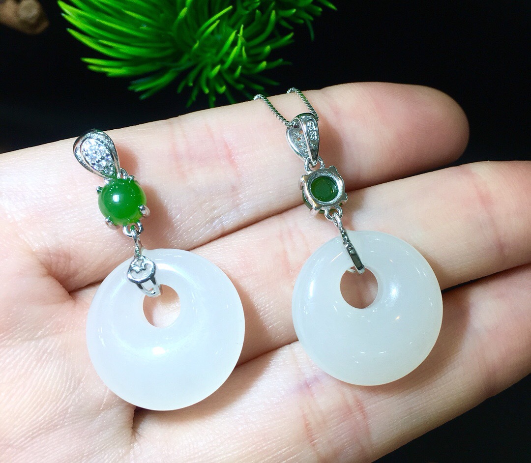 925银镶和田玉白玉圆缘平安扣吊坠碧玉点缀玉坠高高扣 礼品带证书