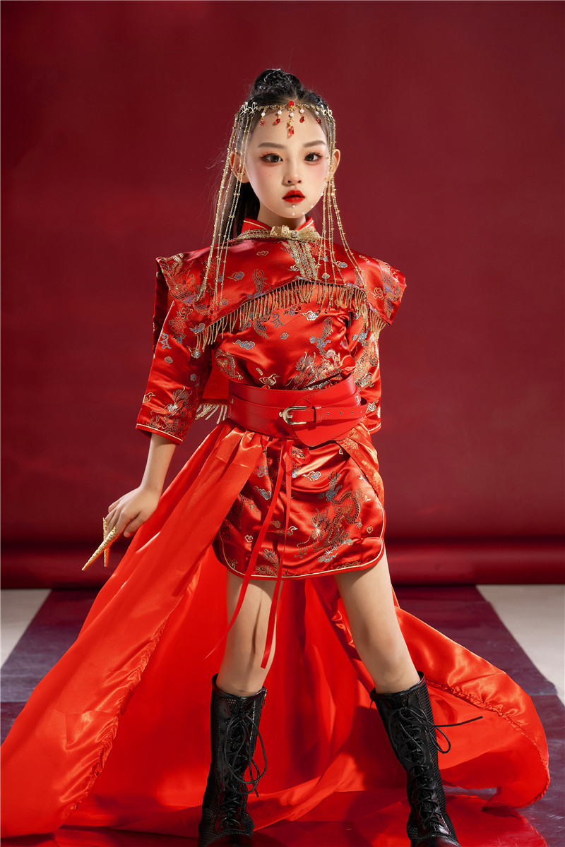 女童旗袍中国风潮服国潮走秀礼服红色中式模特演出服中大童民国风