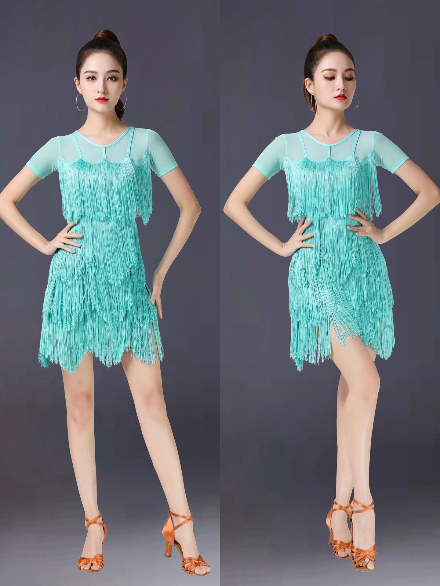 世善拉丁舞服女练功服新款训练舞蹈性感连衣裙专业套装多层流苏演