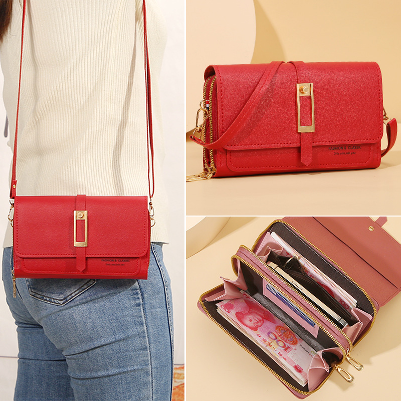 korean style mobile phone bag women‘s mini messenger bag solid color simple large capacity multi-card magnetic buckle small bag zipper small wallet