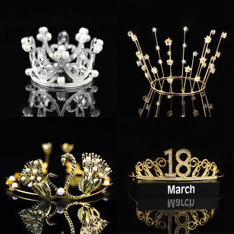 流苏珍珠皇冠蛋糕装饰摆件18岁天鹅满天星海草藻星黑色复古插件