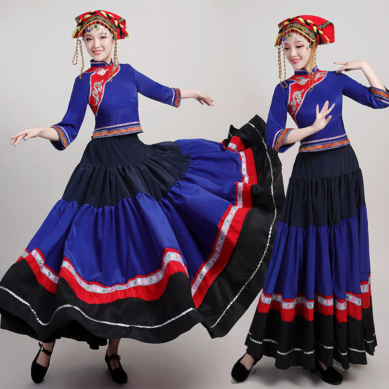 彝族服装女大摆裙七月火把节七彩衣服凉山少数民族舞蹈演出服装