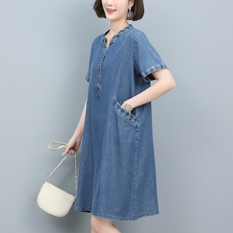 短袖牛仔连衣裙女夏休闲宽松水洗遮肚子牛仔裙中年妈妈牛仔布裙子