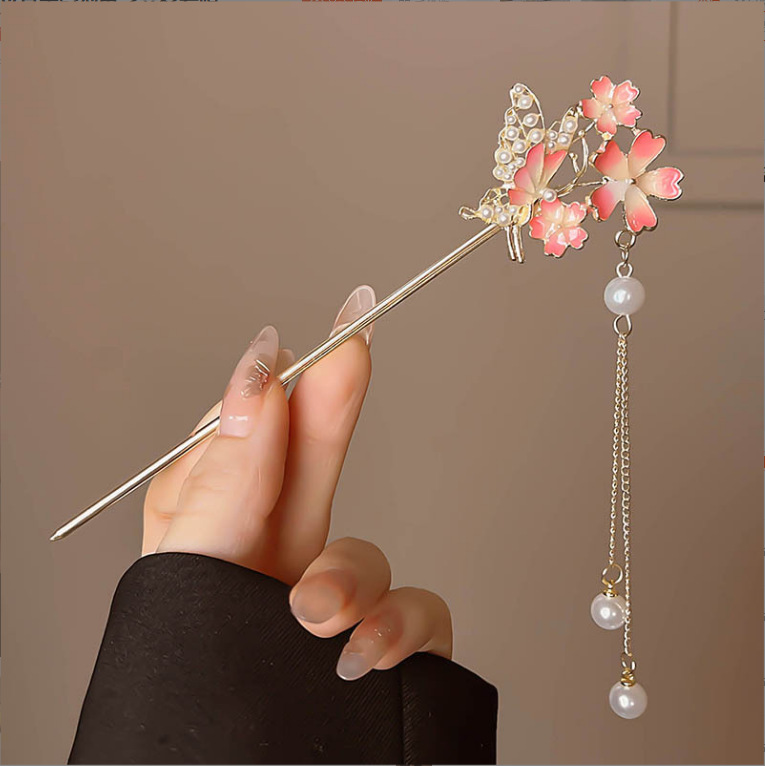 ancient style flower hair accessories women‘s spring and summer cherry blossom hairpin high sense han chinese clothing hair clasp hair clasp tassel cheongsam plate hair clasp hair clasp